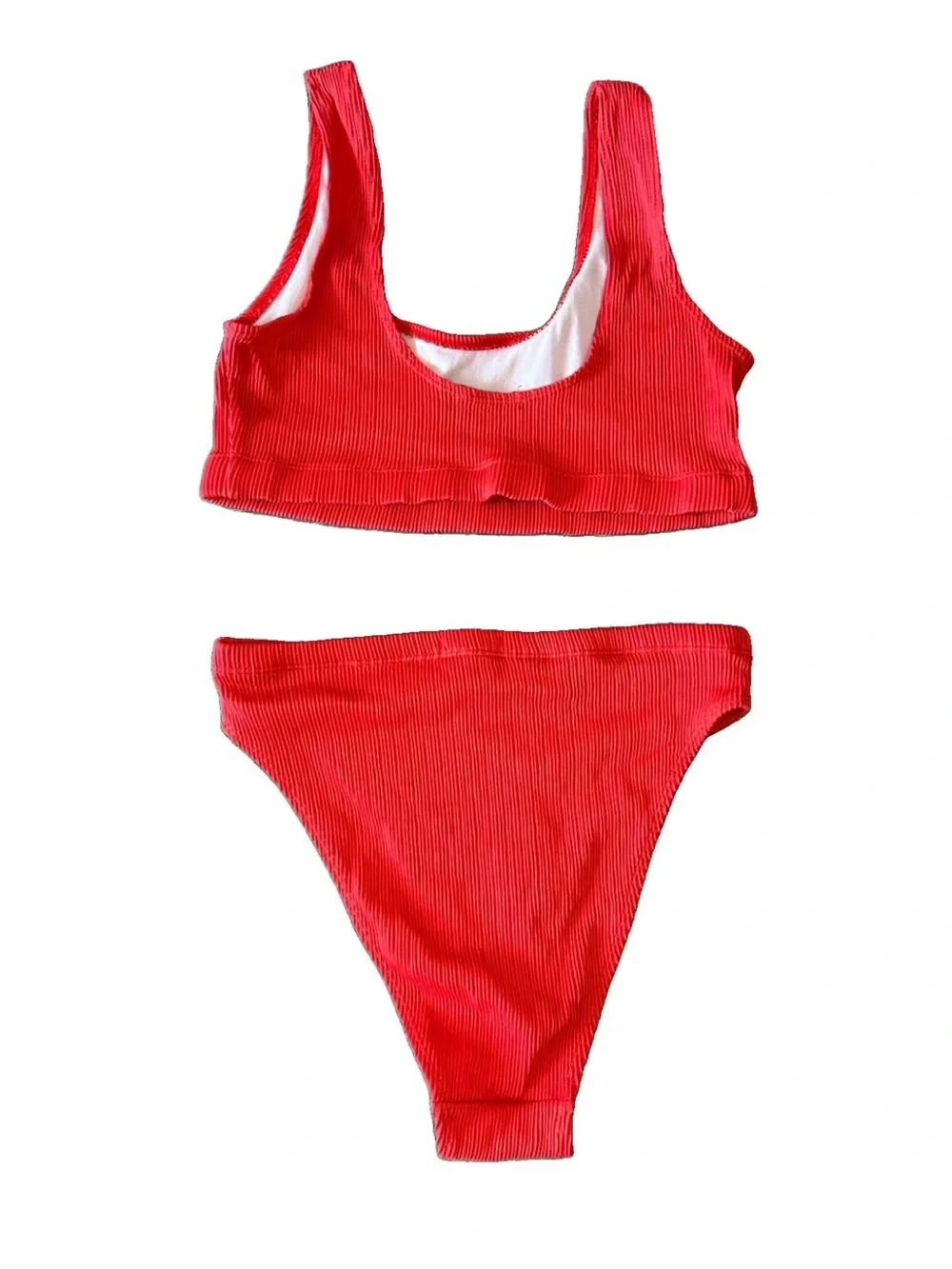 Nasty Gal Ribbed Red High Waist Bikini Set XS High Cut Scoop Neck